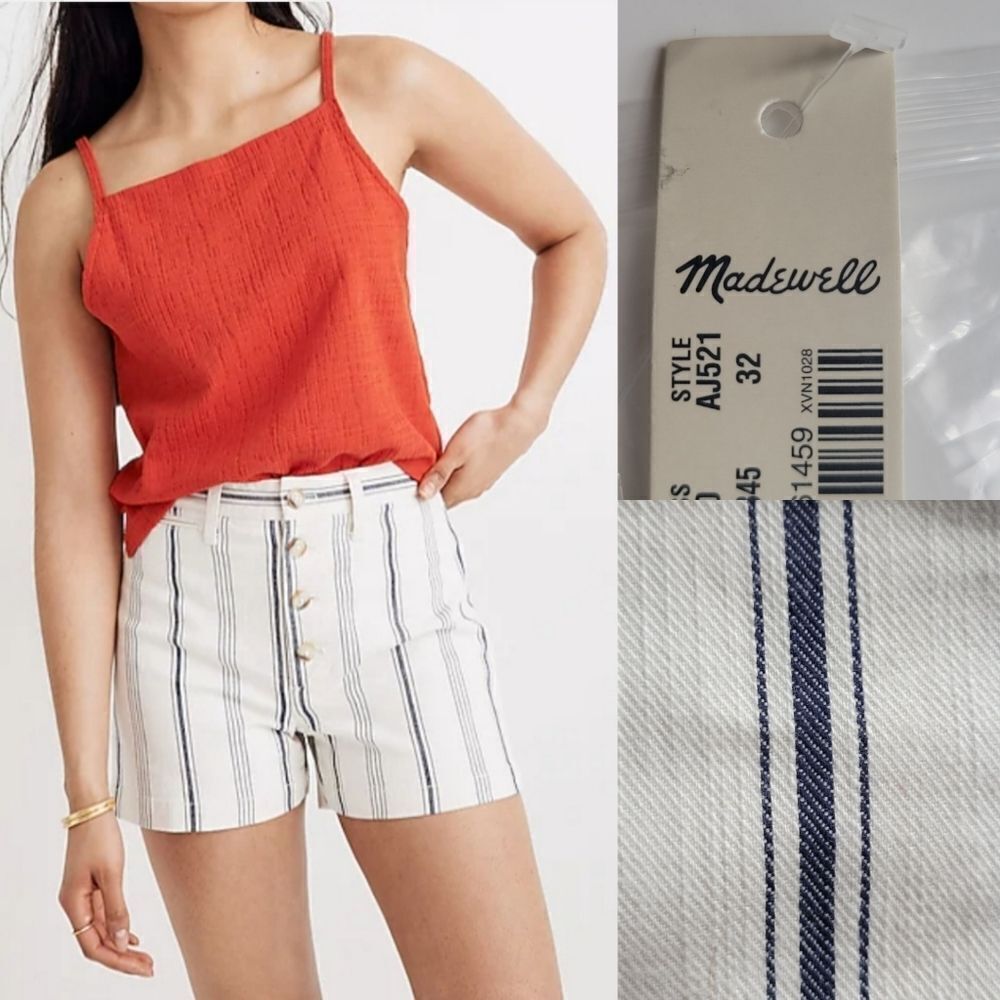 NEW 32 MADEWELL HIGH RISE CREAM NAVY STRIPED COTTON SHORTS XL NWT